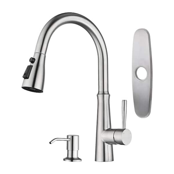 3-Ways Spray Single Handle Pull Down Sprayer Kitchen Faucet with Soap Dispenser in Brushed Nickel