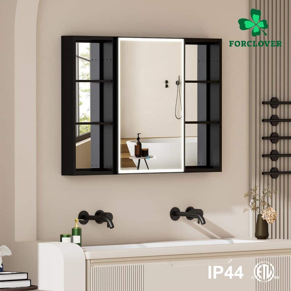 44 in. W x 30 in. H Rectangular Black Aluminum Recessed/Surface Mount LED Medicine Cabinet with Mirror and Outlet price history on PriceWatchPro