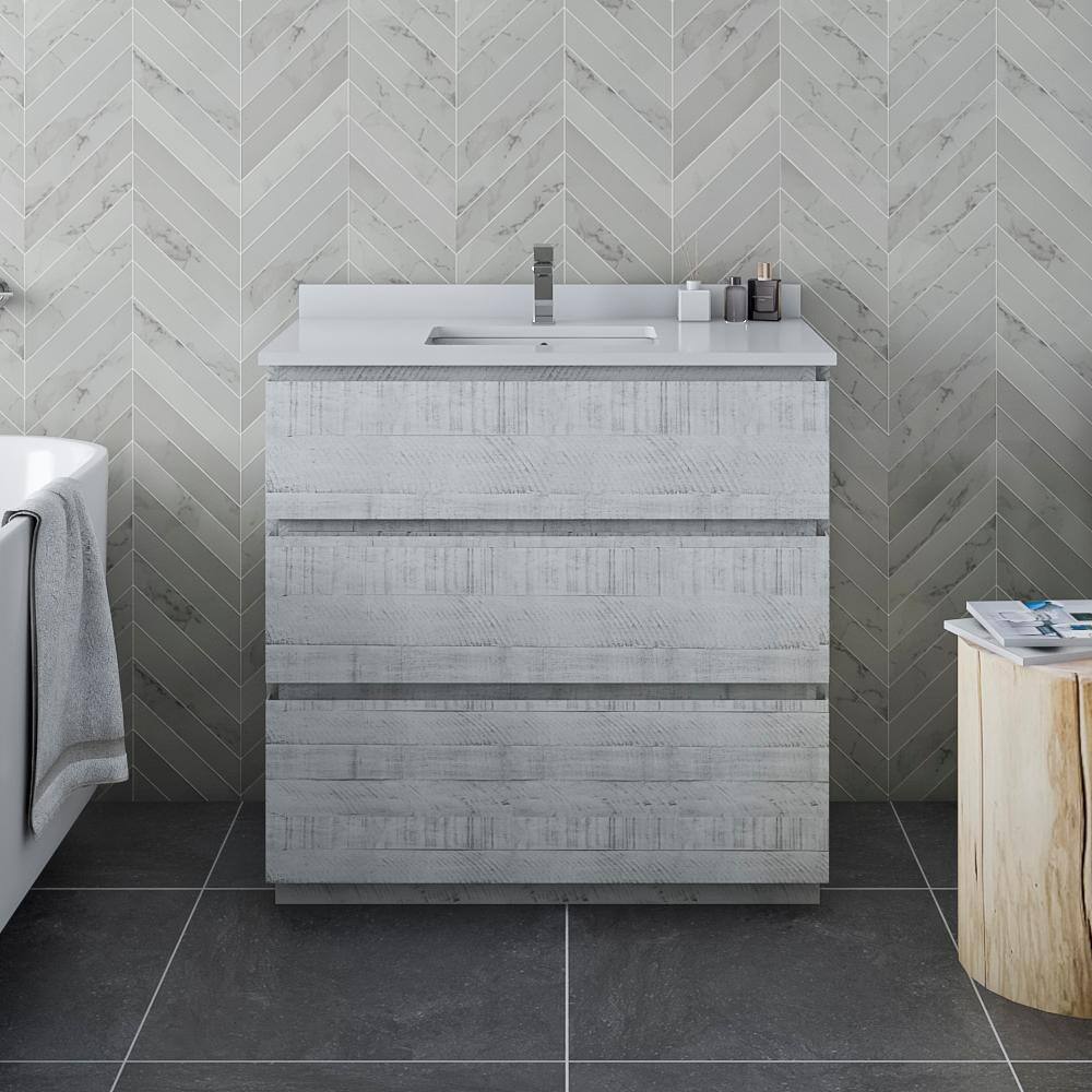 Rustic White Acacia Wood Freestanding Single Sink Bathroom Vanity