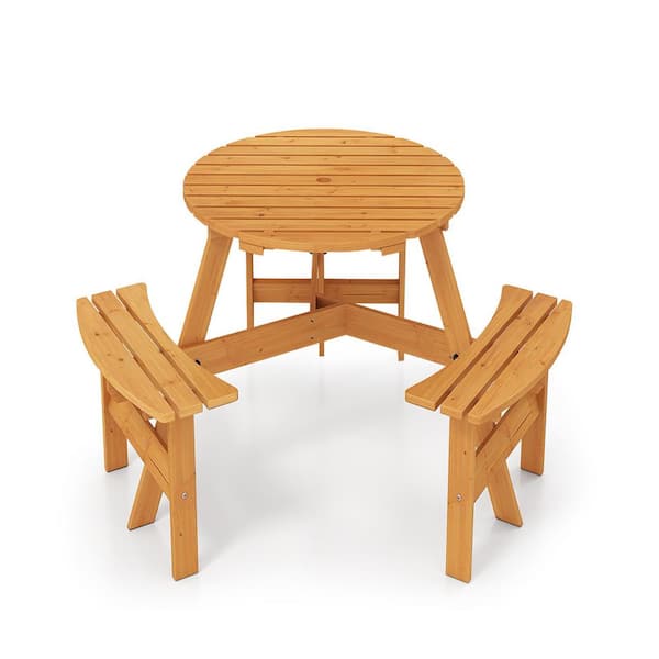 Costway 1-Piece Wood Outdoor Dining Set 6-Person Round Picnic Table Set with 3 Built-In Benches 2 in. Umbrella Hole, Yellow