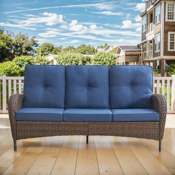 SleekArm 3-Seat Brown PE Wicker Outdoor Couch with Blue Cushions