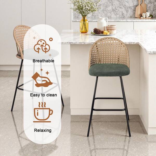 Uixe 40.55 in. H Woven Wicker Low Back Metal Bar Stool with Green