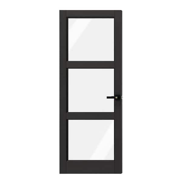 30 in. x 80 in. MDF Composite, PVC Covering, Black, 3-Lite, Clear Glass Interior Door Slab With Black Lever Handle
