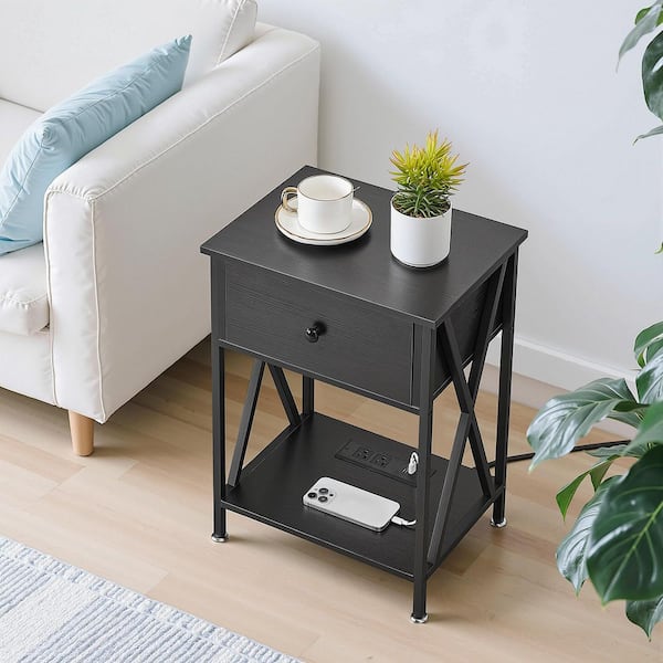 Black Nightstand with Charging Station, Bedside Table with Drawer and Shelf, USB Ports, Small End Table, Set of 1