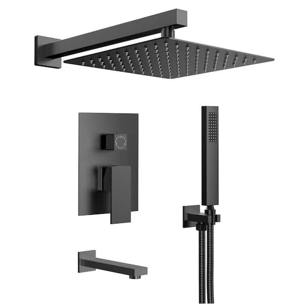 EVERSTEIN 1-Handle 3-Spray Wall Mount Tub and Shower Faucet with 10 in. Rain Shower Head in Matte Black (Valve Included)