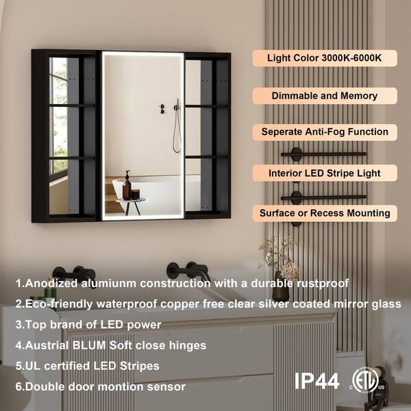 Forclover 48-in x 30-in Lighted LED Fog Free Surface/Recessed Mount Black Mirrored Soft Close Medicine Cabinet with Outlet