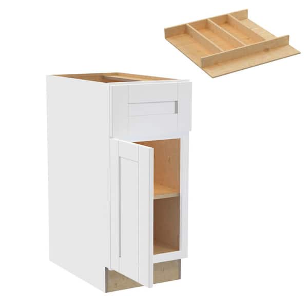 Home Decorators Collection Washington 15 in. W x 24 in. D x 34.5 in. H Vesper White Plywood Shaker Assembled Base Kitchen Cabinet Left Utility Tray