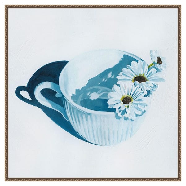 Amanti Art Teacup Daisies II by Grace Popp 1-Piece Floater Frame Canvas Giclee Home Art Print 30 in. x 30 in.