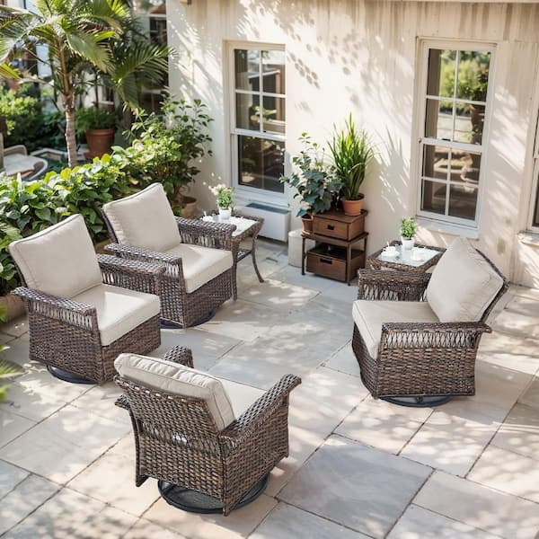 SeagullWing 6-Piece Brown Wicker Patio Conversation Set with Beige Cushions Outdoor Swivel Chairs with 2 Side Tables
