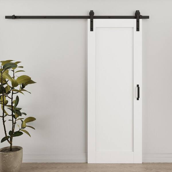 30 in. x 84 in. 1-Lite Panled White Primed Paneled MDF Sliding Barn Door with Hardware Kit