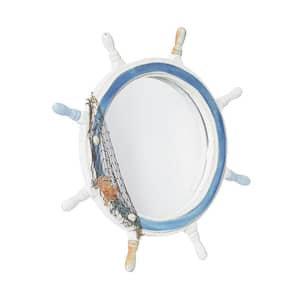 25 in. x 25 in. Ship Wheel Round Framed White Sail Boat Wall Mirror with Netting Accent