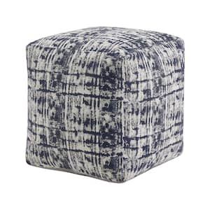 Blue and Ivory Abstract Pattern Fabric Upholstered Square Pouf Ottoman