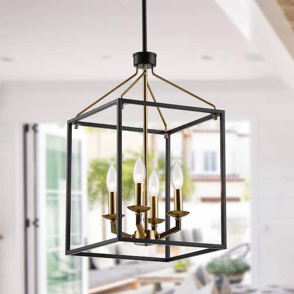 4-Lights Matt Black and Golden Lantern Geometric Chandelier