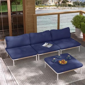 4 Piece Metal Outdoor Sectional Sofa with Navy Blue Cushions 4-Armrest