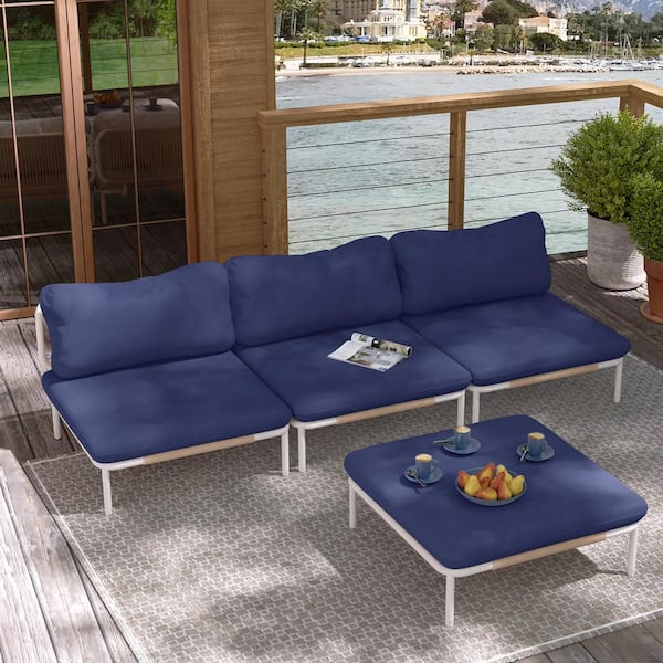 Pellebant 4 Piece Metal Outdoor Sectional Sofa with Navy Blue Cushions 4-Armrest