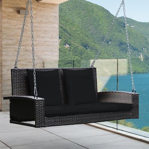 2-Person Black Wicker Outoor Patio Porch Swing with Black Cushions