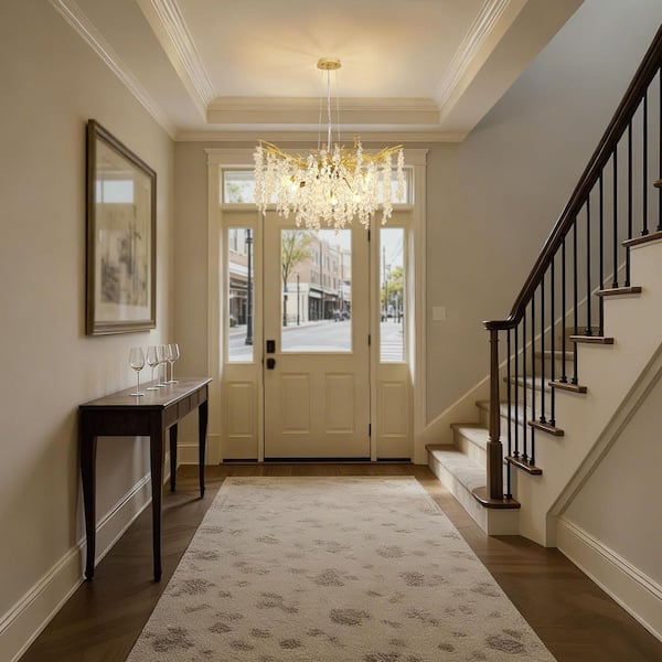 32 in. 10-Light Gold Tree Branch Crystal Chandelier Modern Tassel Crystal Round Chandelier for Dining Room Living Room