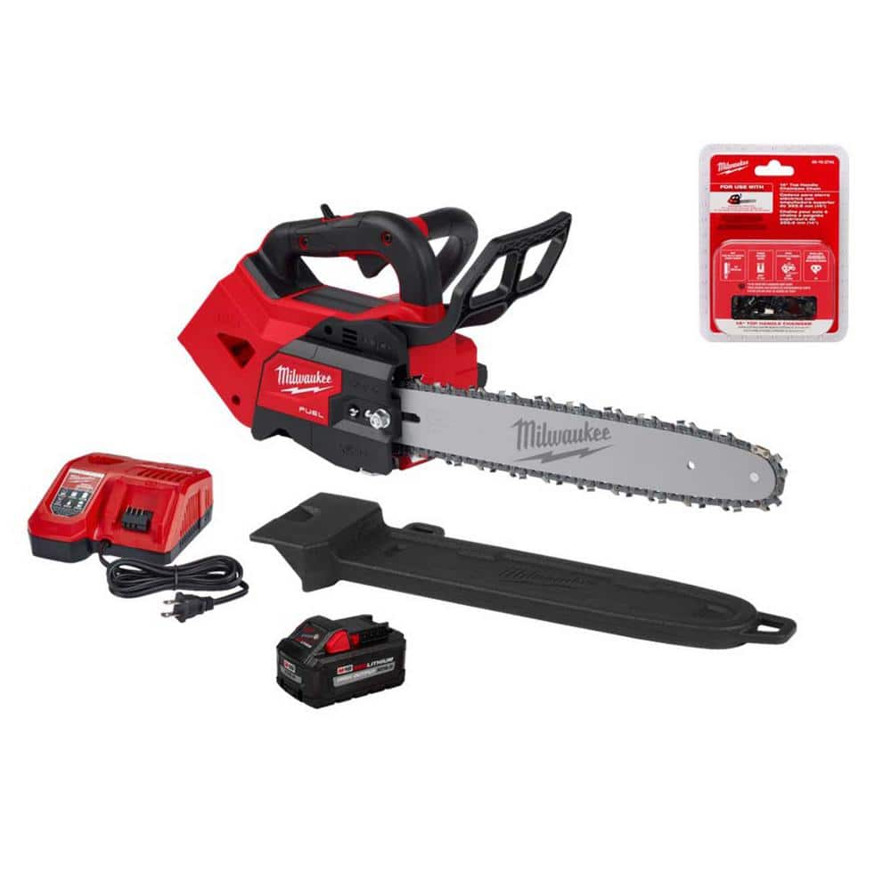 M18 FUEL 14 in. Top Handle 18V Lithium-Ion Brushless Cordless Chainsaw Kit w/8.0 Ah Battery, Charger, 14 in. Chain -  Milwaukee, 2826-21T-2744