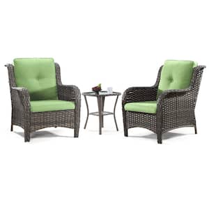 3-Piece Wicker Patio Outdoor Lounge Chair Set with Green Cushions and Side Table