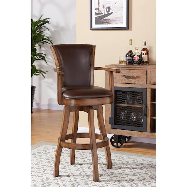 Armen Living Raleigh 30 in. Kahlua Faux Leather and Chestnut Wood Finish Armed Swivel Bar Stool