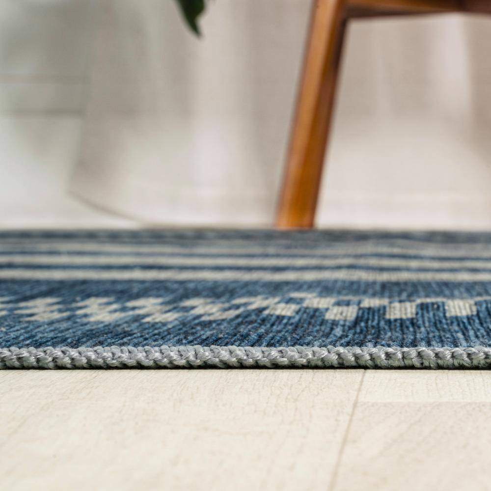 Blue and Cream Striped Machine-Washable Synthetic Area Rug