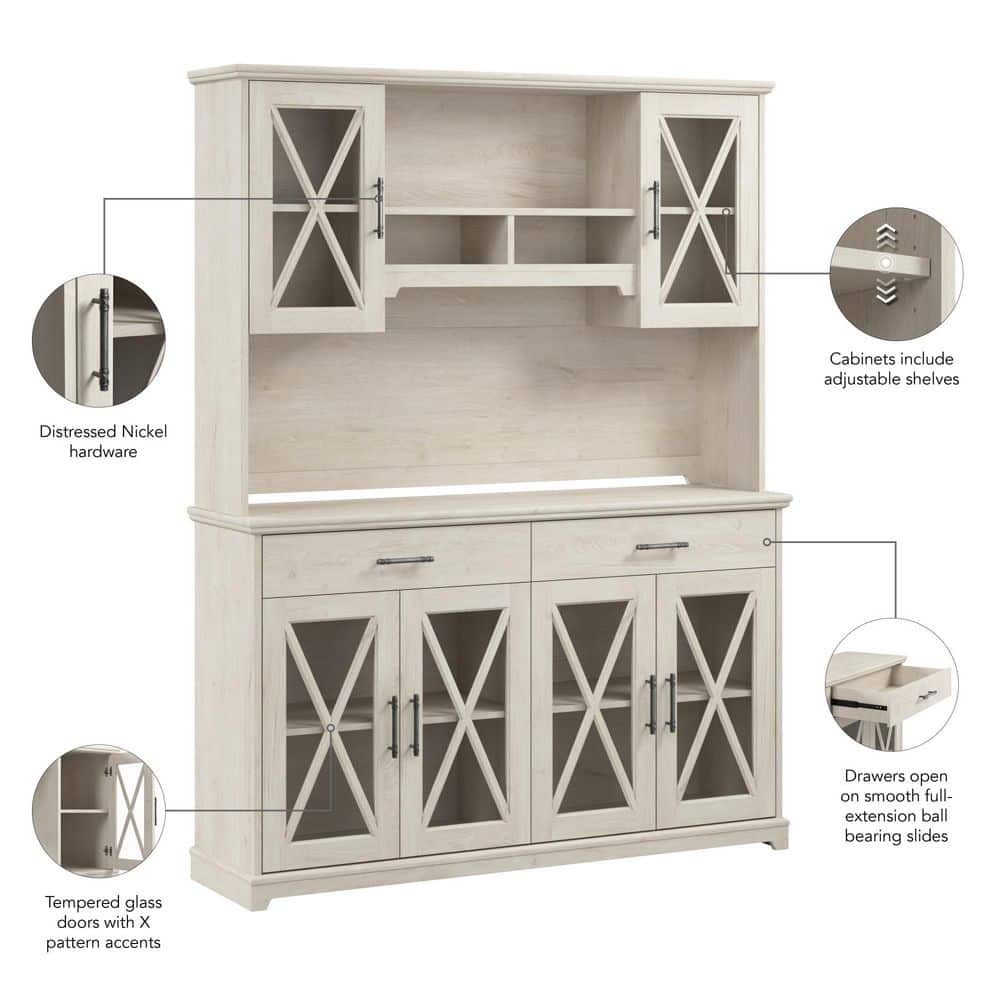 Linen White Oak Farmhouse China Cabinet with Hutch