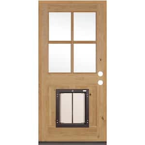 32 in. x 80 in. Knotty Alder Left-Hand/Inswing 4 Lite Clear Glass Unfinished Wood Prehung Front Door with Large Dog Door