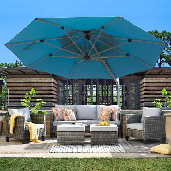 heavy duty aluminum round patio tilt umbrella Base with 4 Wheels and 2 Locks, Fillable Market Umbrella Stand This umbrella can shade the sun 11ft Cantilever Umbrella with Base