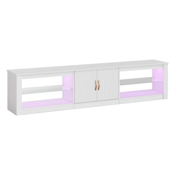 80 in. Fluted Natural Wood Color TV Stand Fits TV Up to 85 in. LED Entertainment Center w/ Cabinet and Adjustable Shelf