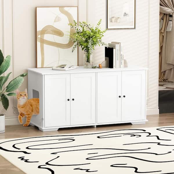 Modern Cat House, Litter Box Enclosure Furniture Hidden, Indoor Cat Washroom Storage Bench for Living Room, White