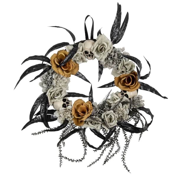 14 "-Orange Gray and Black Skulls with Roses Foliage Halloween Wreath-Unlit