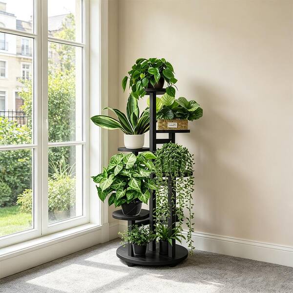 5-Tier Black Plant Stand, Tall Wood Corner Shelf for Multiple