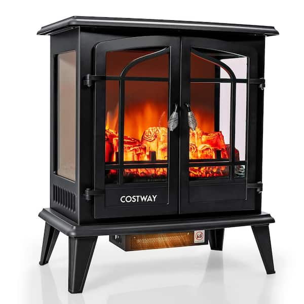 Costway 25 in. Freestanding Iron Electric Fireplace Heater Stove with Realistic Flame effect 1400-Watt in Black