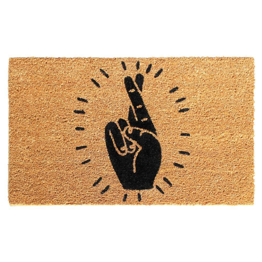 Welcome Fingers Crossed Natural 18 in. x 30 in. Coir Non-Slip Outdoor Door 