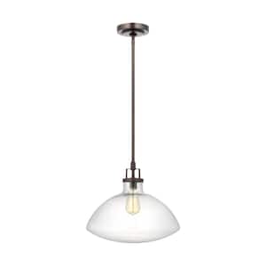 Belton 16 in. 1-Light Bronze Transitional Industrial Hanging Pendant with Clear Seeded Glass Shade