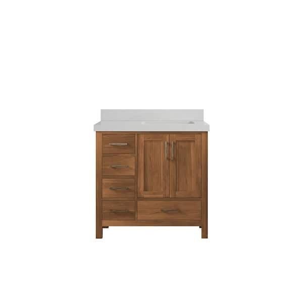 Willow Collections Malibu Teak 36 in. W x 22 in. D x 36 in. H Right Offset Sink Bath Vanity in Gold Teak with 2" Carrara Quartz Top
