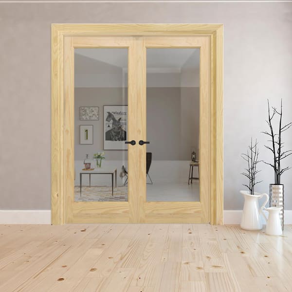 60 in. x 80 in. Universal 1-Lite Clear Glass Unfinished Pine Double Prehung Interior French Door with Bronze Hinges