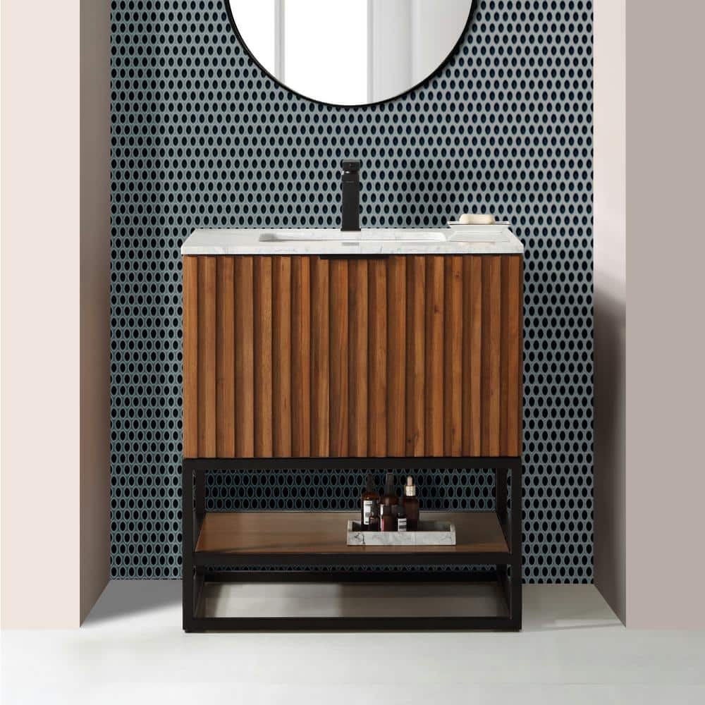 Terra Walnut and Matte Black Single Bathroom Vanity with Carrara Marble Top
