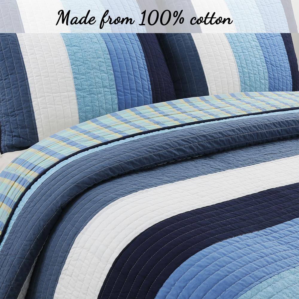Navy Blue and White Striped Cotton Twin Quilt Set