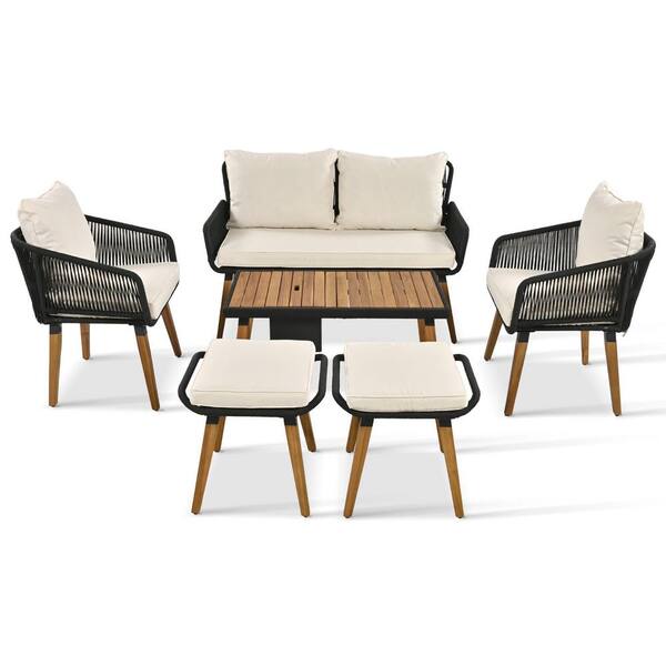 Unbranded 6-Piece Woven Rope Metal Patio Conversation Set with Beige Cushions Ottoman Stools for Backyard Porch Balcony
