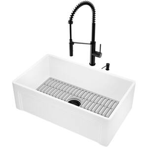 Matte Stone White Composite 30 in. Single Bowl Farmhouse Apron-Front Kitchen Sink with Faucet in Black and Accessories