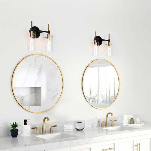 Modern 2-Light Brass Gold Bathroom Vanity Light, Black Vanity Light with Open Cylinder Clear Glass Shades Wall Light