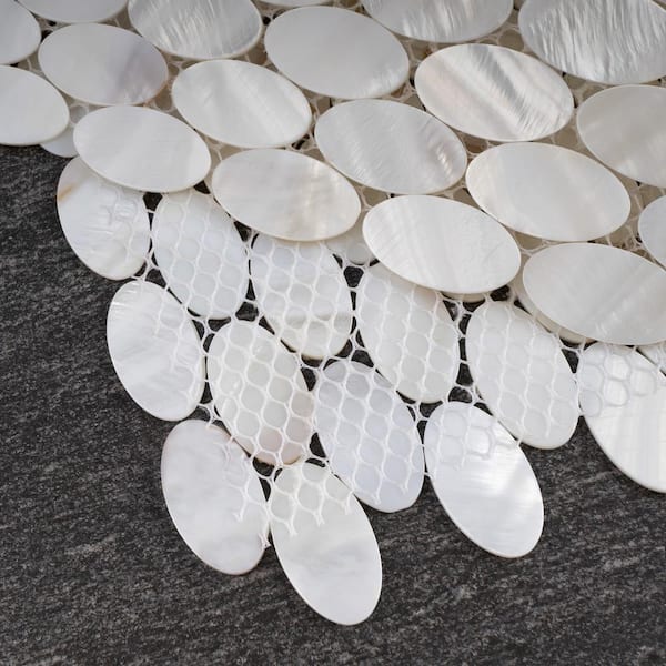 Mother of Pearl White 11.23 in. x 11.82 in. Geometric Glossy Natural Seashell Mosaic Tile (9.3 sq. ft./Case) Mother of Pearl White 11.23 in. x 11.82 in. Geometric Glossy Natural Seashell Mosaic Tile (9.3 sq. ft./Case)