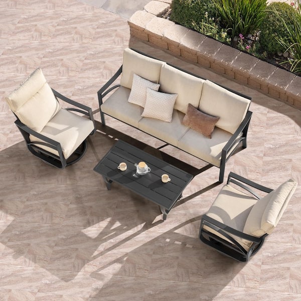 Patio Time Black 4-Piece Aluminum Patio Conversation Sofa Set with High-Back Sofa Chairs and 5.2 in. Zippered Beige Cushions