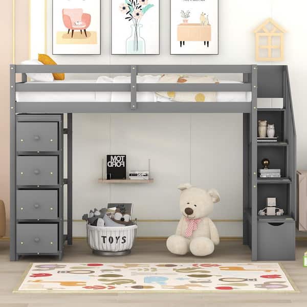 Gray Twin Size Wood Loft Bed with Storage Drawers and Stairs, Wooden Loft Bed with Shelves