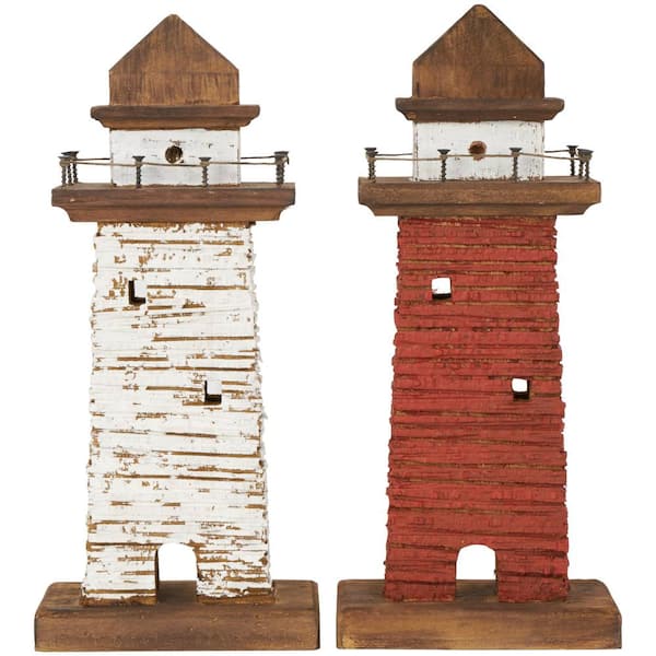 Litton Lane Red Wood Distressed Light House Sculpture with Cream and Brown Accents (Set of 2)