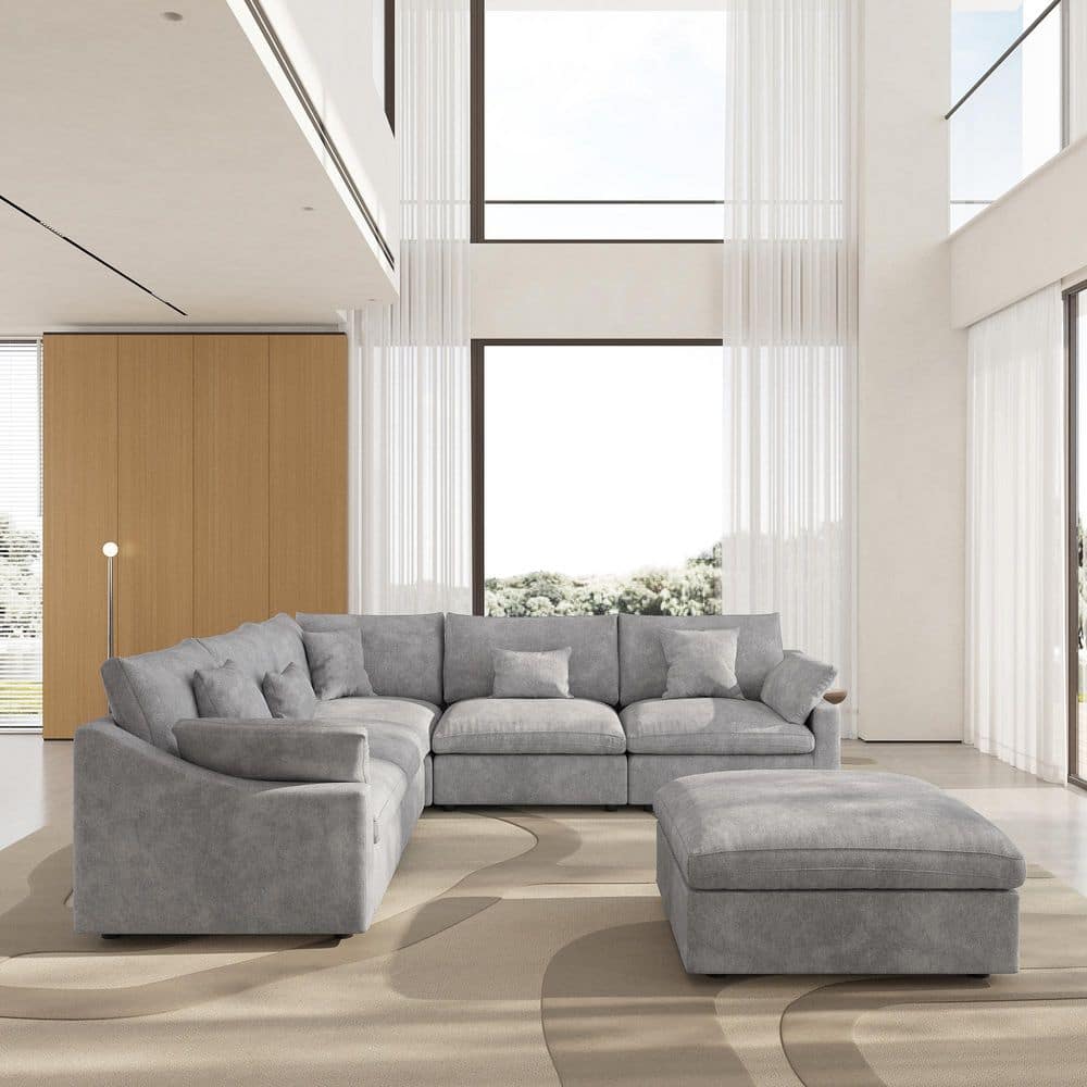 119.3 in. Slope Arm6-Piece Linen Down Feather Modular Free Combination Sofa with Ottoman, Removable Covers in Gray