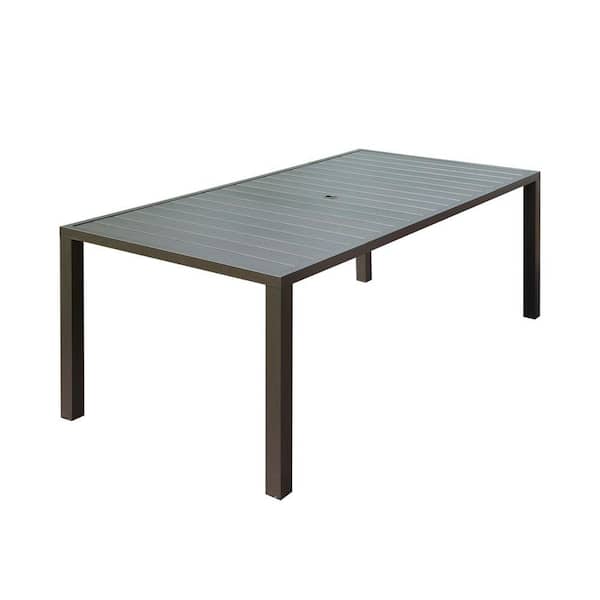 Sudzendf Brown Rectangular Slatted Metal Outdoor Dining Table for 8 Person, Deck Garden Lawn Backyard Use with Umbrella Hole