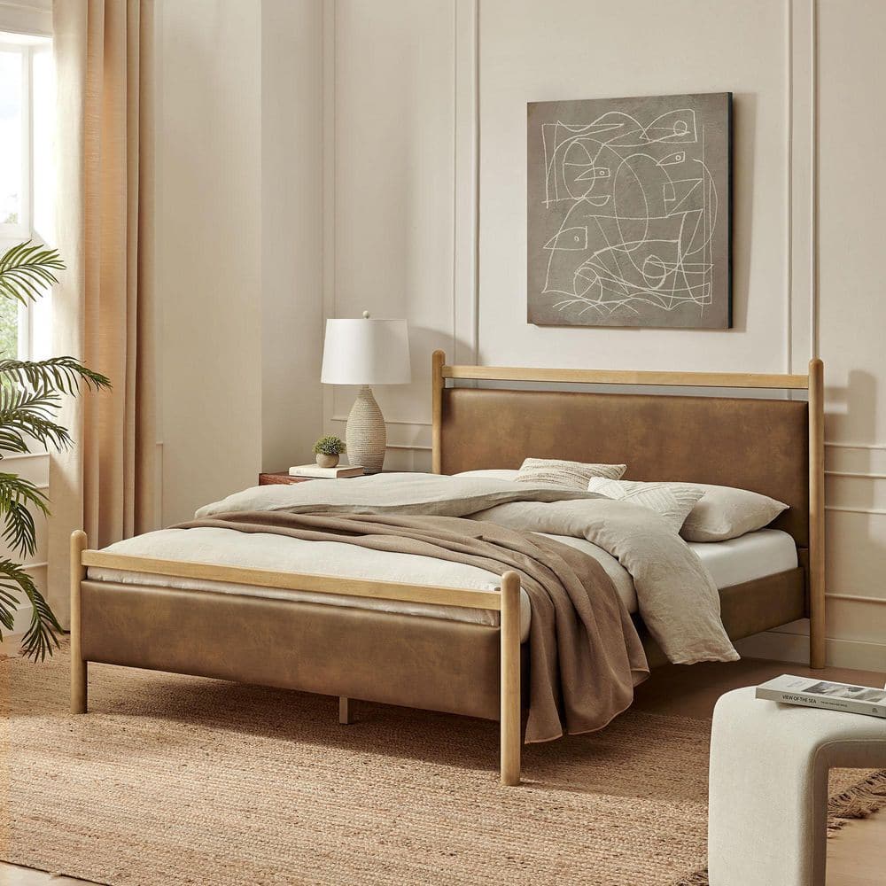 SENS BED LIGHT BROWN S シングル MODWAY Ginny Yellow Solid Wood Frame Full Size Platform Bed in