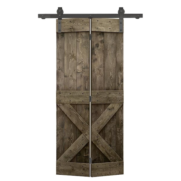 CALHOME 38 in. x 84 in. Mini X Series Solid Core Espresso Stained DIY Wood Bi-Fold Barn Door with Sliding Hardware Kit